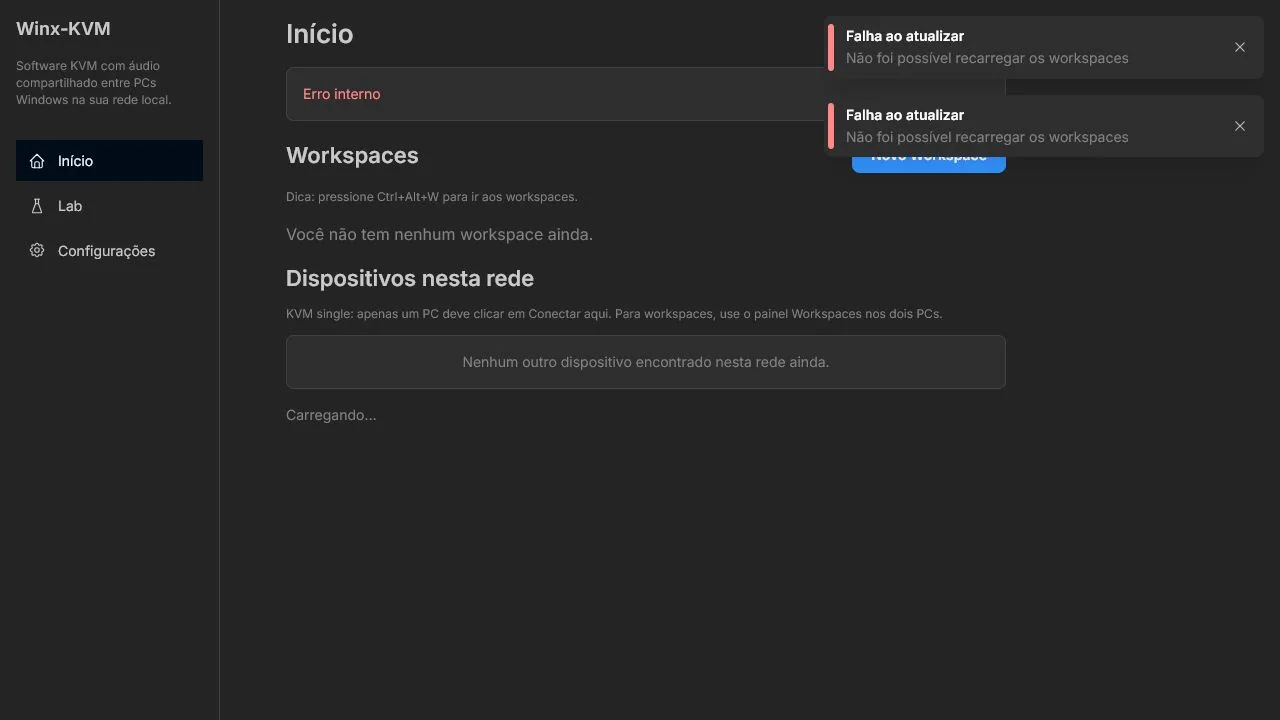 Dispositivos e workspaces do Winx KVM